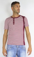 T-shirt a riche bordeaux e bianche con bottoni maniche corte 100% cotone Made in Italy